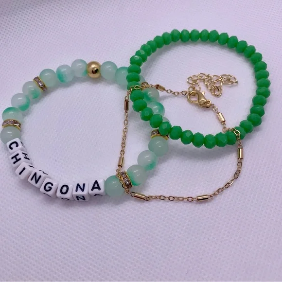 Chingona Green & Gold Beaded Letter Bracelet Set of 3 - Picture 3 of 5